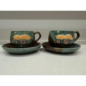 Vintage Studio Pottery House Relief Tea Cup and Saucer Set Teal‎ Brown 2pc